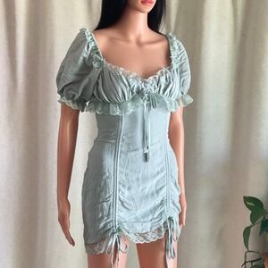 Mable Sage Green Milkmaid Mini‎ Dress Lace Trim Coquette Cottagecore Fairycore S